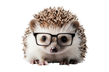 Hedgehog with glasses poses adorably for a close-up in bright lighting, showcasing its unique features and charming personality