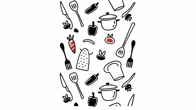 Kitchen Tools Pattern – Minimalist Black and White Cooking Utensils Illustration