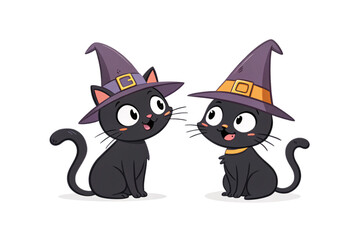 Two adorable black cats wearing purple witch hats with golden buckles sit happily together, isolated on a transparent background