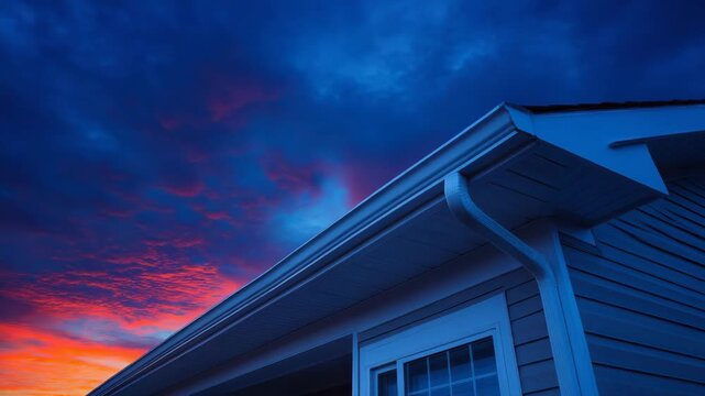 Home exterior with vibrant sunset sky