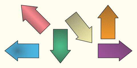 A flowchart with multicolored arrows in trendy halftone tones. Halftone arrows pointing in different directions. Suitable for print, signage, icons, and graphic design.