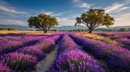 Naklejka premium Beautiful scenic landscape of vibrant purple lavender fields with two large green trees under a bright blue sky with scattered clouds and distant mountains in a rural setting