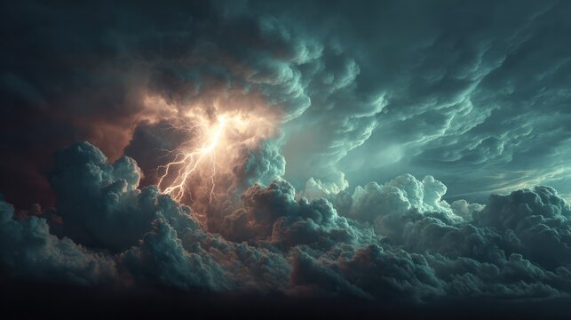 Dramatic sky filled with dark storm clouds and bright lightning strike illuminating stormy weather for a powerful natural disaster scene