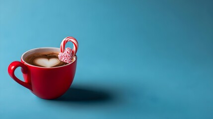 A red coffee cup with a heart-shaped design and candy cane on a blue background.