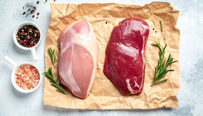 Raw Meat Cuts: Fresh Chicken Breast and Beef Steak with Spices and Rosemary on Butcher Paper, Top View