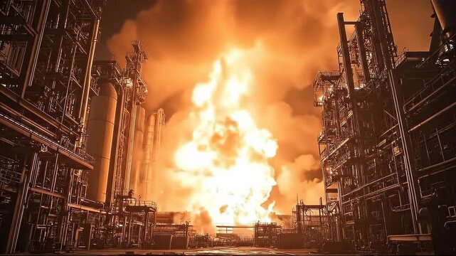 A dramatic explosion in an industrial setting, enveloped in fire and smoke.