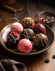 Colorful chocolate truffles on plate