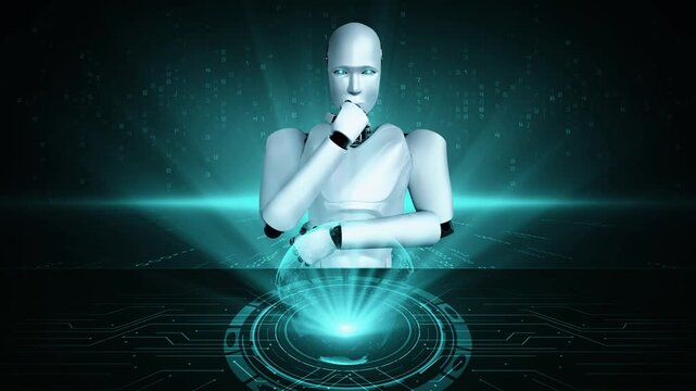 Futuristic robot artificial intelligence huminoid AI programming coding technology development and machine learning concept. Robotic bionic science research for future of human life. 3D rendering.