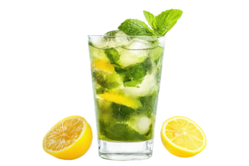 Refreshing caipirinha mojito cocktail with lemon served in a clear glass, featuring fresh mint and ice, perfect for warm summer days or festive gatherings