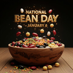 National Bean Day Assortment of Beans in Wooden Bowl with Falling Beans lentils chickpeas