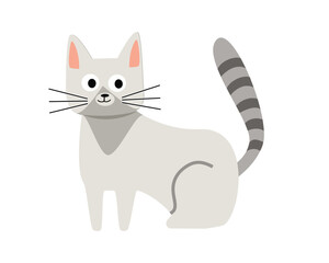 Obraz premium Gray Cat with Big Eyes. Sitting Domestic Cat Illustration. Adorable Gray Kitty Cartoon. Light Gray Cat with Striped Tail