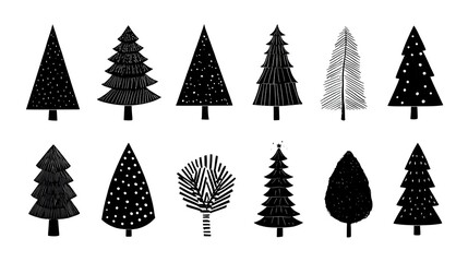 A collection of twelve stylized black and white illustrations of various Christmas trees.