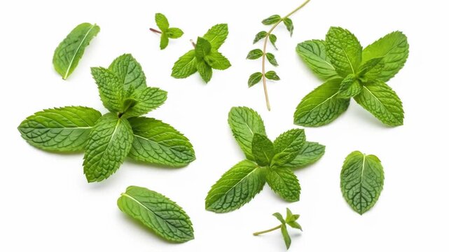 An overhead shot showcases vibrant green mint leaves & sprigs scattered on white, offering textural contrast and a fresh vibe
