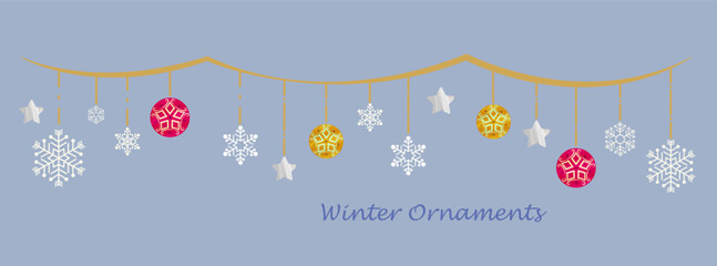 雪の結晶と丸いオーナメントが連なったクリスマスガーランド