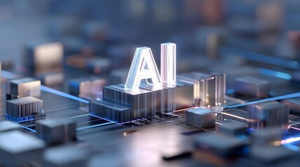 Shiny metallic AI letters on a futuristic microchip with glowing blue data streams.
