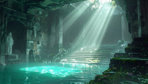 Sunlit Sanctuary: Ethereal Glow in Ancient Ruins with Sacred Pool and Veiled Statue