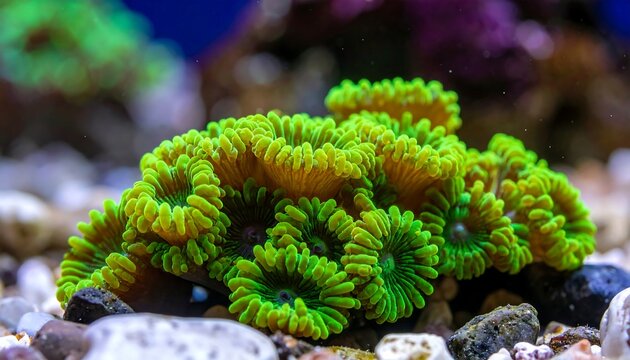 Vibrant cluster of green and yellow coral polyps