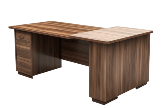 L shaped desk with wooden finish on a transparent background ideal for home office or workspace setups