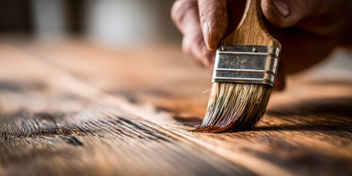 applying shellac over stian in wood table with a brush. AI generative.