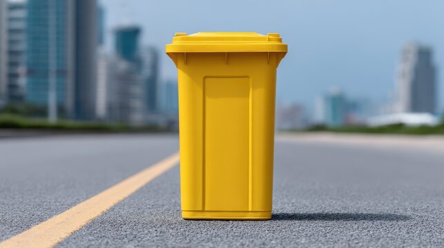 A vibrant yellow recycling bin sits alone on a smooth asphalt road. National Recycling Day and Week,  America Recycles Day