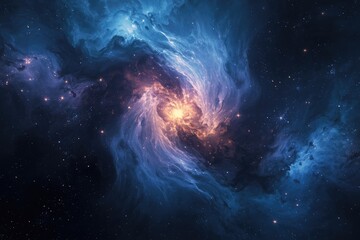 Obraz premium A nebula with swirling clouds of blue and purple surrounding a bright yellow center in a starry sky