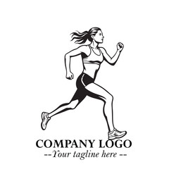 Beautiful Woman Running Illustration in Black on White Background in Dynamic Minimalist Vector Design