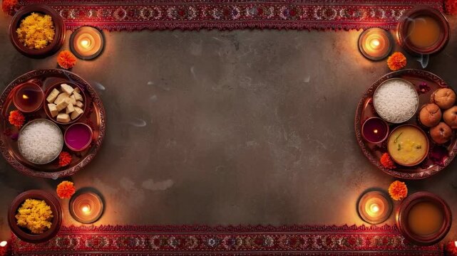 Karwa Chauth Puja Thali with Decorative Red Background &mdash; cinematic stock footage with rich atmosphere, dynamic lighting, and realistic motion. Ideal for mythology, documentaries, reels, and cinematic 