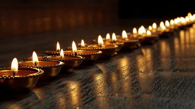 Row of Diyas Glowing in the Dark on a Rustic Surface &mdash; cinematic stock footage with rich atmosphere, dynamic lighting, and realistic motion. Ideal for mythology, documentaries, reels, and cinematic pr