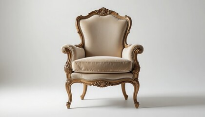 Ornate armchair with beige upholstery and gold trim isolated against a white background in a studio
