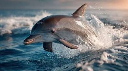 Fototapeta premium A Powerful Dolphin Leaping Out of Ocean Waves Du Sunny Day Showcasing Its Sleek Body and Dynamic Movement in Natural Marine Habitat