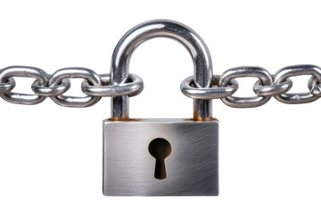 Naklejka premium Shiny silver padlock secured on a metal chain in a close-up view highlighting its intricate design and robust locking mechanism