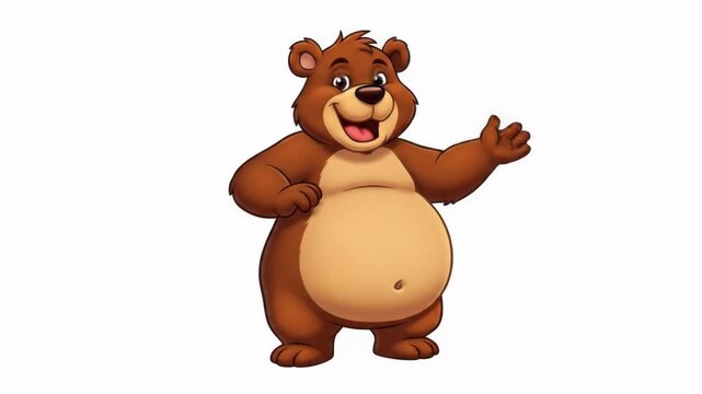 A cheerful, plump cartoon bear with brown fur, closed eyes, and a paw raised in a friendly wave