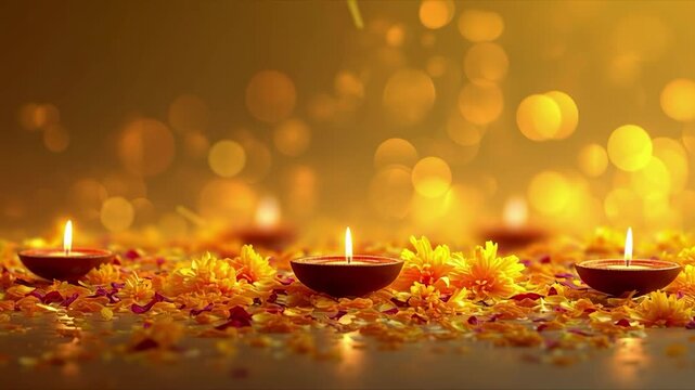 Warm Golden Diwali Background with Row of Oil Lamps &mdash; cinematic stock footage with rich atmosphere, dynamic lighting, and realistic motion. Ideal for mythology, documentaries, reels, and cinematic pro