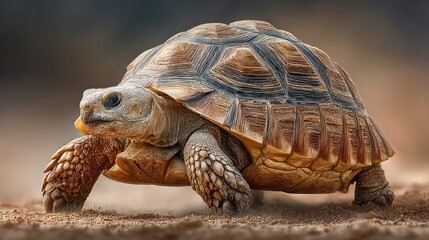 Obraz premium Close-up of a juvenile tortoise with detailed texture walking on dry ground in a natural habitat du daytime with soft focus background