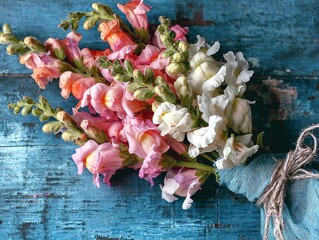 Bouquet of pink and white snapdragon flowers on blue wooden surface, wrapped in silver ribbon, close-up flat lay