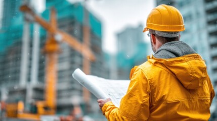 Construction engineer wea safety helmet and high visibility jacket analyzing blueprints at urban building site with cranes and skyscrapers in background