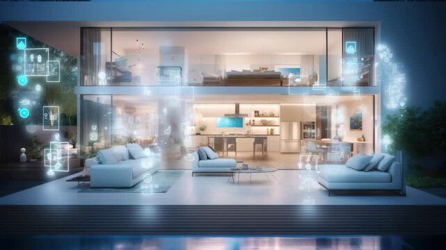 Futuristic smart home at dusk, captured from a low angle. Digital icons overlay the scene, illustrating connectivity. Ideal for tech video content. Live desktop wallpaper.
