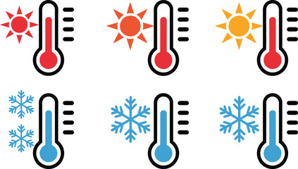 Temperature and Weather Conditions Illustration with Thermometer and Sun Snowflake Icons