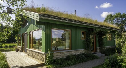 Fototapeta premium Sustainable Green Roof House with Wooden Deck by a Pond, Nestled in Lush Countryside on a Bright Sunny Day