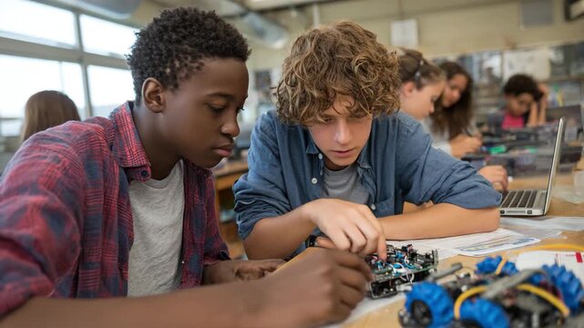 Diverse Teenage Boys Collaborating on Robotics Project in STEM Classroom