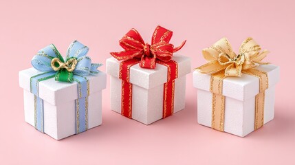 Obraz premium Festive gift boxes trio with colorful satin bows and ribbons on bright pink background minimal flat lay present set for birthday wedding and holiday designs with copy space for cards banners