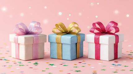 Festive gift boxes trio with colorful satin bows and ribbons on bright pink background minimal flat lay present set for birthday wedding and holiday designs with copy space for cards banners