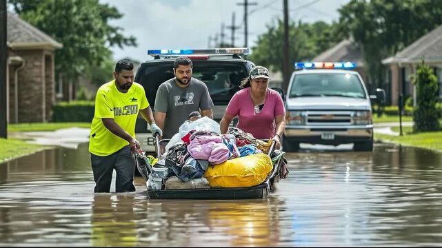 Volunteers assist in flood recovery by transporting belongings in a flooded area.