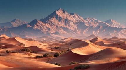 Naklejka premium Breathtaking panoramic view of vast desert dunes with towe snow-capped mountains in the distance under a clear blue sky du sunset