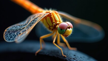 Close up macro shot of a vibrant orange dragonfly with intricate wings