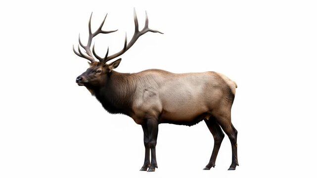 A Majestic Male Elk with Large Antlers Stands Proudly Against a White Background