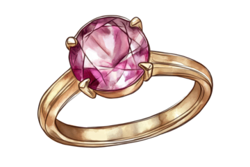Beautiful watercolor style engagement ring with a pink gemstone and a golden band perfect for special occasions and celebrating love