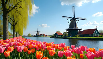 Dutch windmills and vibrant tulips in a picturesque landscape under a bright blue sky.