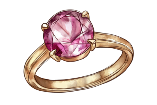 Beautiful watercolor style engagement ring with a pink gemstone and a golden band perfect for special occasions and celebrating love