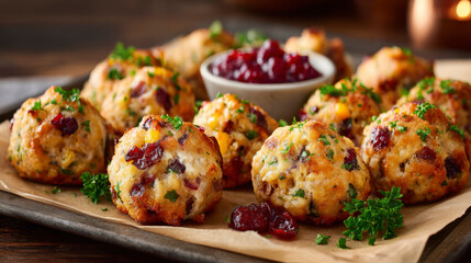 Fototapeta premium Savory Stuffing Balls with Herbs and Cranberries – AI Generative